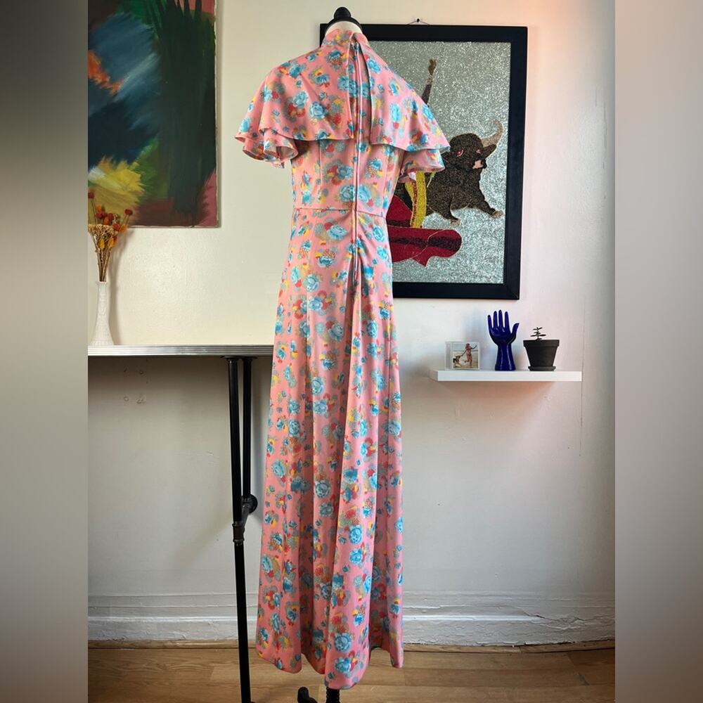 Vintage 70s Floral Cape Sleeve Maxi Dress | Pink Hostess Gown | Prairie Boho | M - Picture 6 of 13